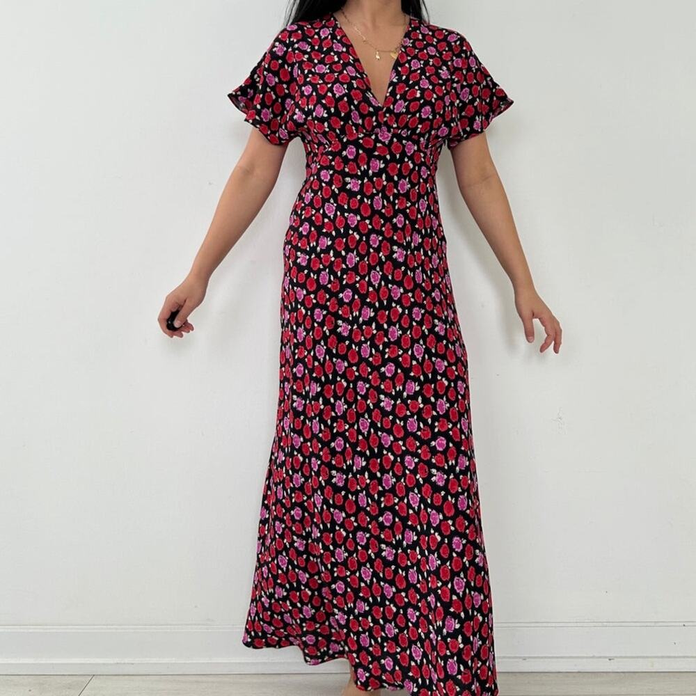 Zara Red Pink and Black Floral Print Maxi Dress size Small Rose